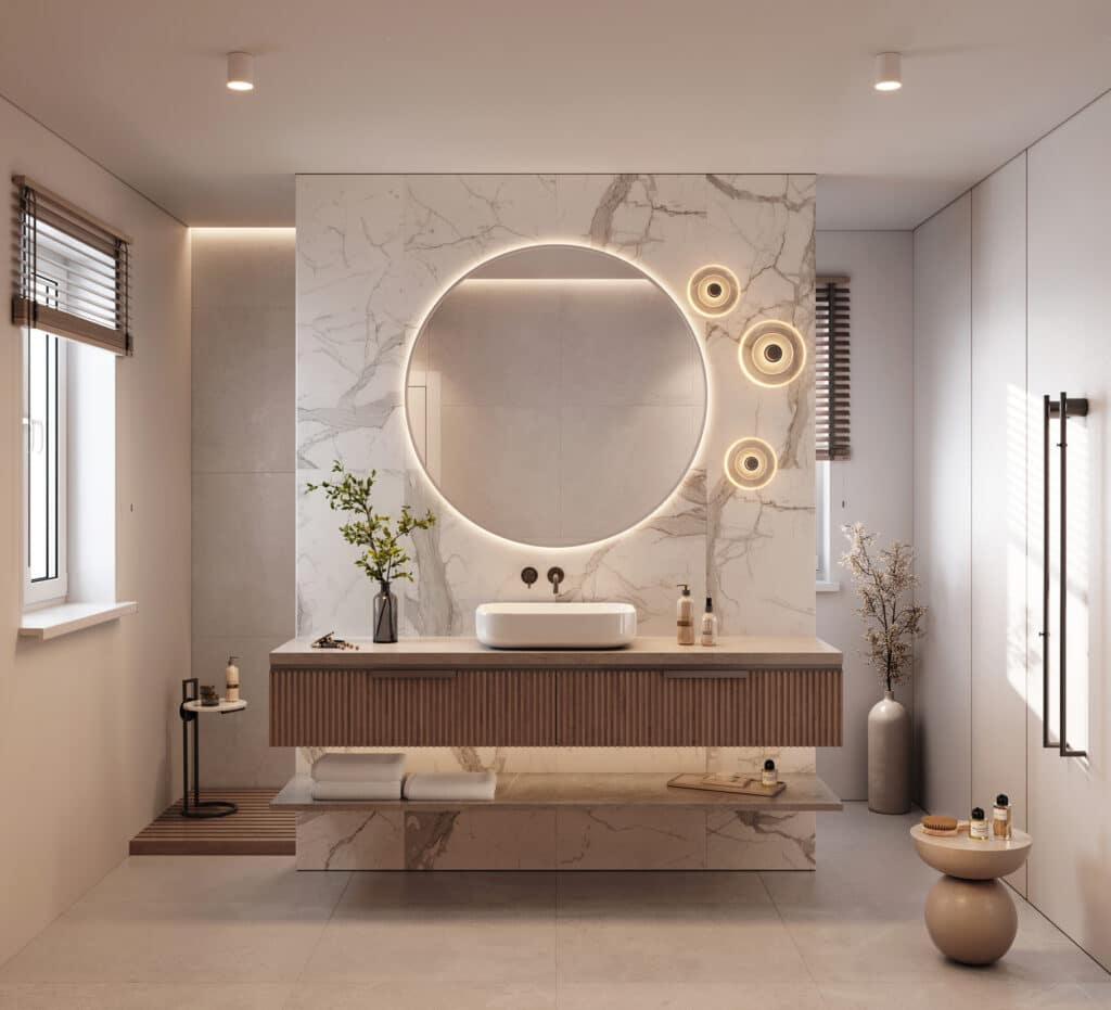 A luxurious bathroom remodeling with marble tiles by Mana Home Services.