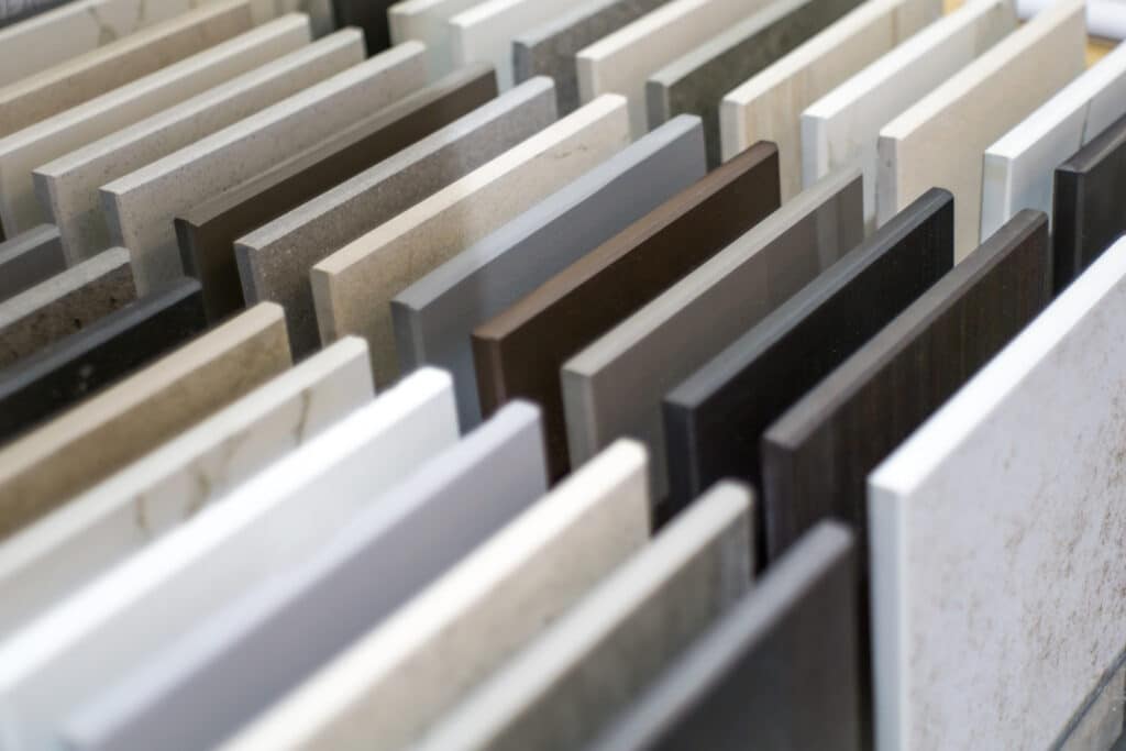 Close-up of kitchen countertop samples: Selecting Materials for Your Kitchen Remodeling.